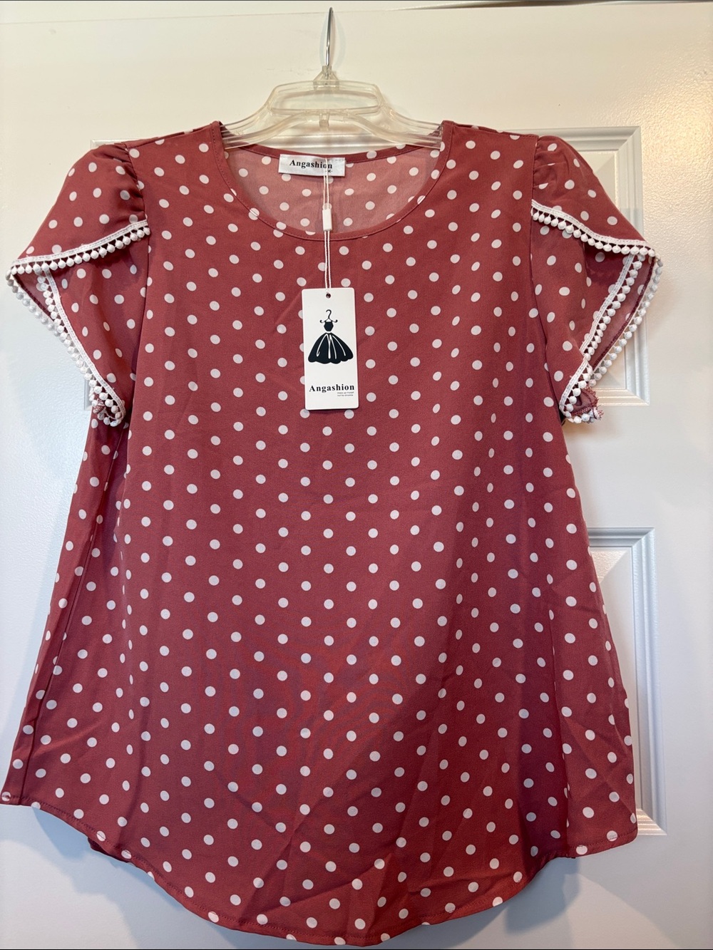 Angashion Dusty Rose Polka Dot Flutter Sleeve Blouse